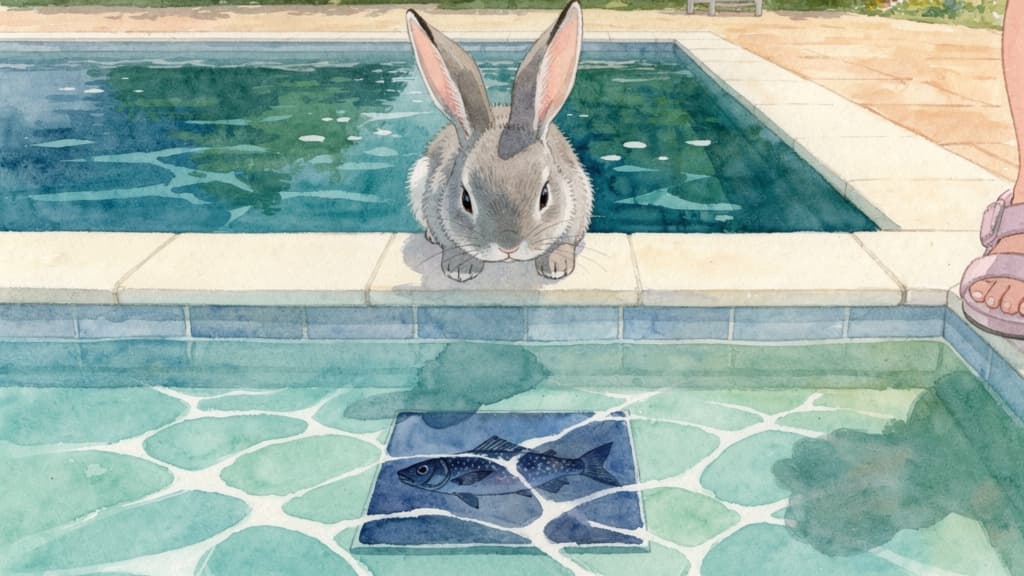 Bramble the rabbit beside the pool, with a fish tile under the water
