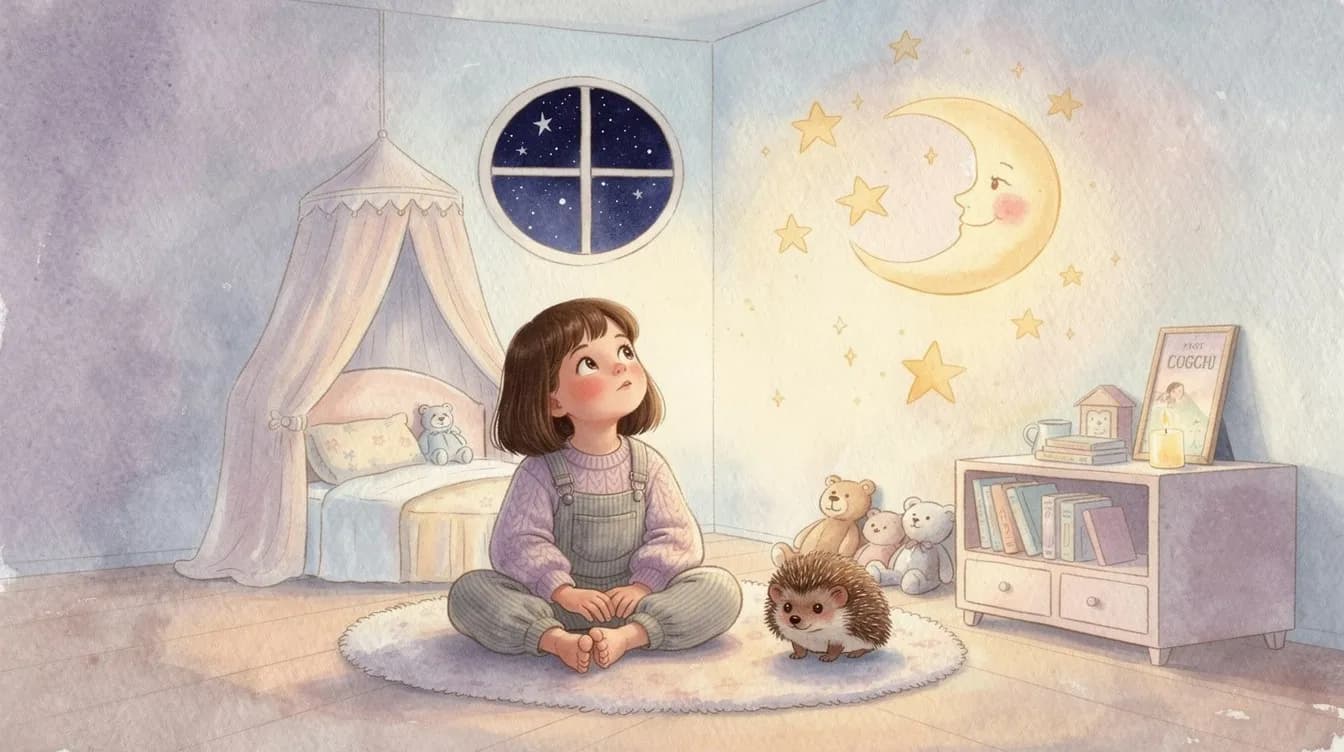 A child sharing a quiet bedroom moment with a hedgehog companion